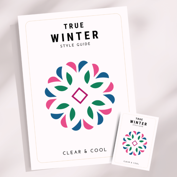 True Winter Style Guide en Pocket Guide met kleuranalyse en stylingtips. Dit seizoenstype heeft een hoog contrast en een koel, helder kleurenpalet met zwart, sneeuwwit, koningsblauw en fuchsia. Inclusief kleding-, make-up- en accessoireadvies voor een strakke en krachtige uitstraling.