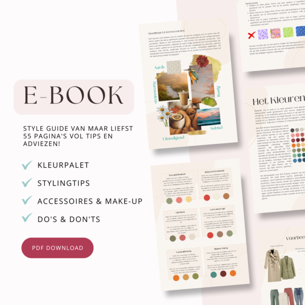 Preview van de Soft Autumn Style Guide. Bevat een kleurenpalet, stylingadviezen en accessoires voor Soft Autumn types.