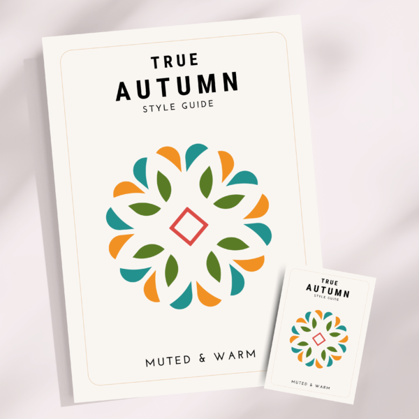 True Autumn Style Guide en Pocket Guide met kleuranalyse en stylingadvies voor True Autumn types. Dit warme en gedempte seizoenstype wordt gekenmerkt door diepe aardetinten zoals roestbruin, mosgroen en goudgeel. De gids bevat tips voor het combineren van kleuren, het vinden van de perfecte make-up en het kiezen van accessoires die passen bij een True Autumn kleurtype.