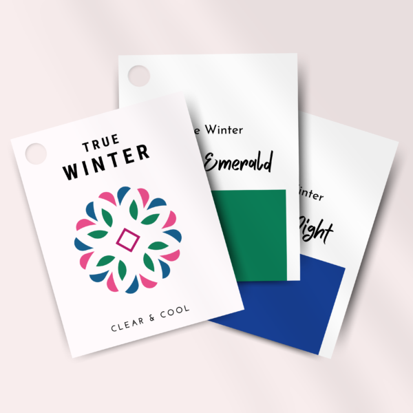 True Winter kleurenwaaier met koele, heldere en contrastrijke tinten. Handig bij het winkelen om True Winter types te helpen bij het selecteren van flatterende kleding en accessoires.