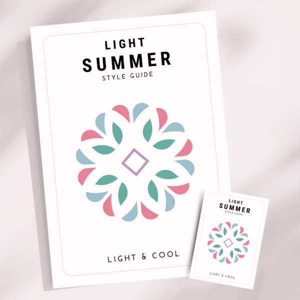 Light Summer Style Guide en Pocket Guide met kleuranalyse en stylingadvies voor Light Summer types. Dit zachte en lichte seizoenstype straalt in koele pasteltinten zoals lavendel, mintgroen en lichtblauw. De gids bevat tips voor het vinden van de perfecte kleurencombinaties en het samenstellen van een harmonieus kleurenpalet.