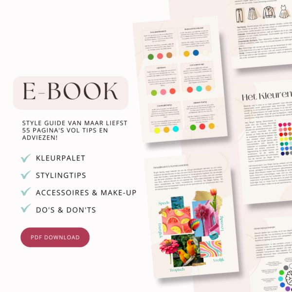 Voorbeeldpagina’s uit de Bright Spring Style Guide. Kleurenpalet en stylingtips voor het Bright Spring seizoenstype.