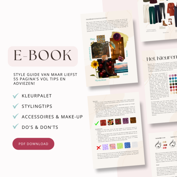 Voorbeeldpagina’s van de Dark Autumn Style Guide e-book. Inclusief kleuradvies, stijltips en accessoires voor Dark Autumn types.