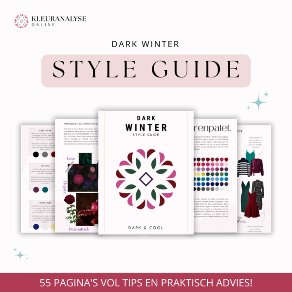 Dark Winter style guide met mode- en make-upadvies. Bevat voorbeelden van kleurencombinaties en accessoires voor een krachtige look.