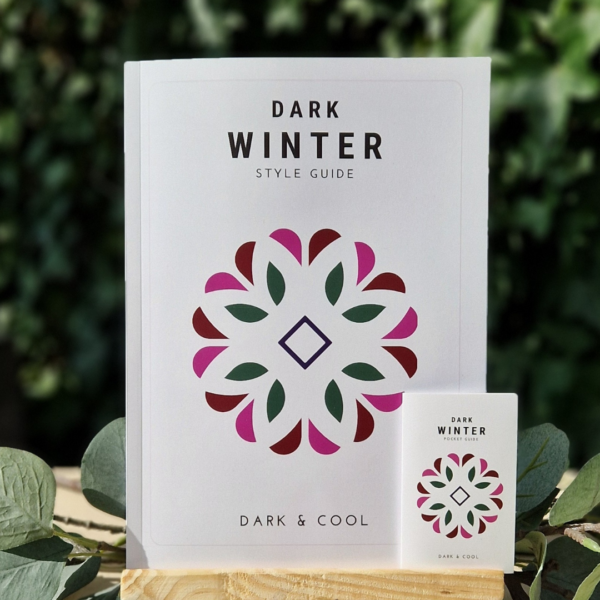 Dark Winter style guide en pocket guide – seizoensgebonden kleuradvies voor het wintertype. Met deze kleurenanalyse handleiding en kleurenpalet in handformaat kun je gemakkelijk kleding shoppen in kleuren die bij je natuurlijke uitstraling passen.