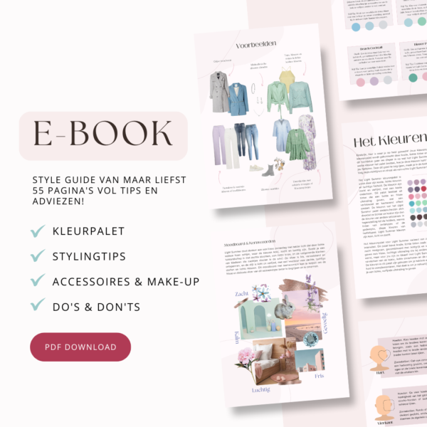 Voorbeeldpagina’s uit de Light Summer style guide. Ontdek zachte, koele kleuren en kledingcombinaties voor een frisse uitstraling.