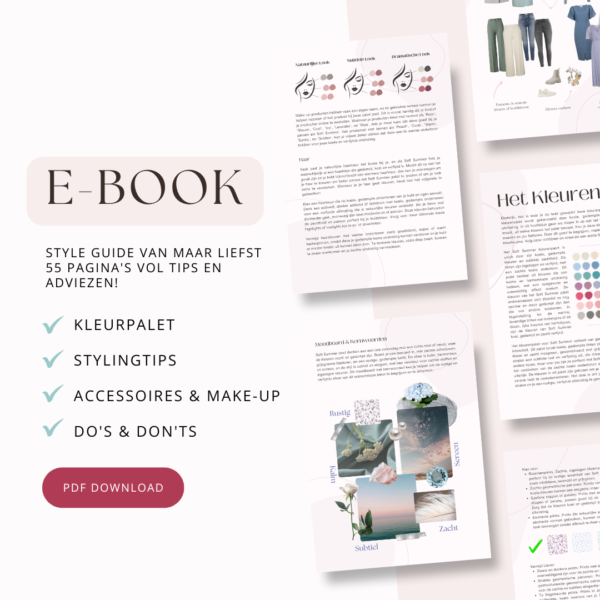 Voorbeeldpagina’s uit de Soft Summer style guide. Bevat subtiele kleuren, make-upadviezen en stijltips voor een zachte en koele uitstraling.