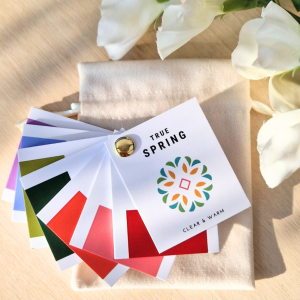 True Spring kleurenwaaier met 56 heldere, warme lentekleuren – een praktisch kleuradviesinstrument voor het lentetype om kledingkleuren te vergelijken tijdens het winkelen of bij het samenstellen van een garderobe.
