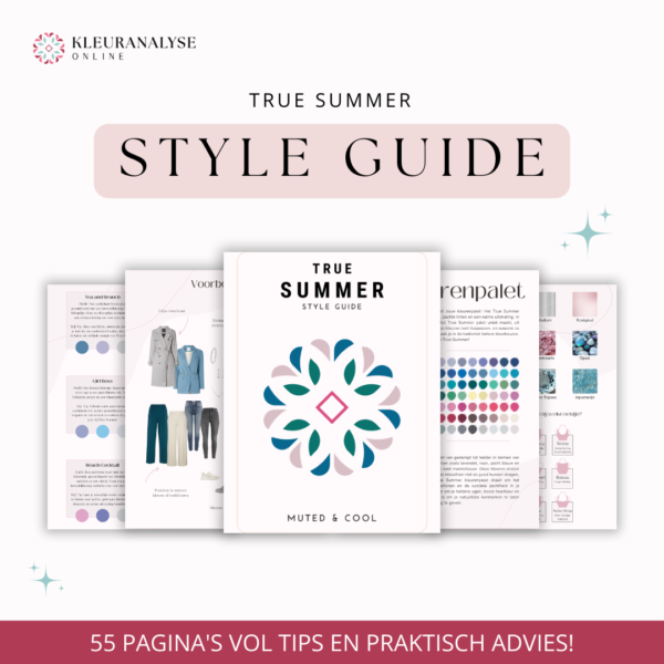 True Summer style guide met mode- en make-upadvies. Bevat een compleet kleurenpalet en stylinginspiratie voor een koele en zachte uitstraling.