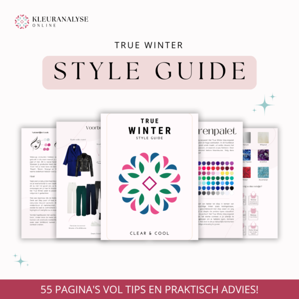 True Winter Style Guide met 55 pagina’s vol kleuradvies, stylingtips en outfitvoorbeelden in koele en contrastrijke kleuren. Inclusief kleurenpalet.