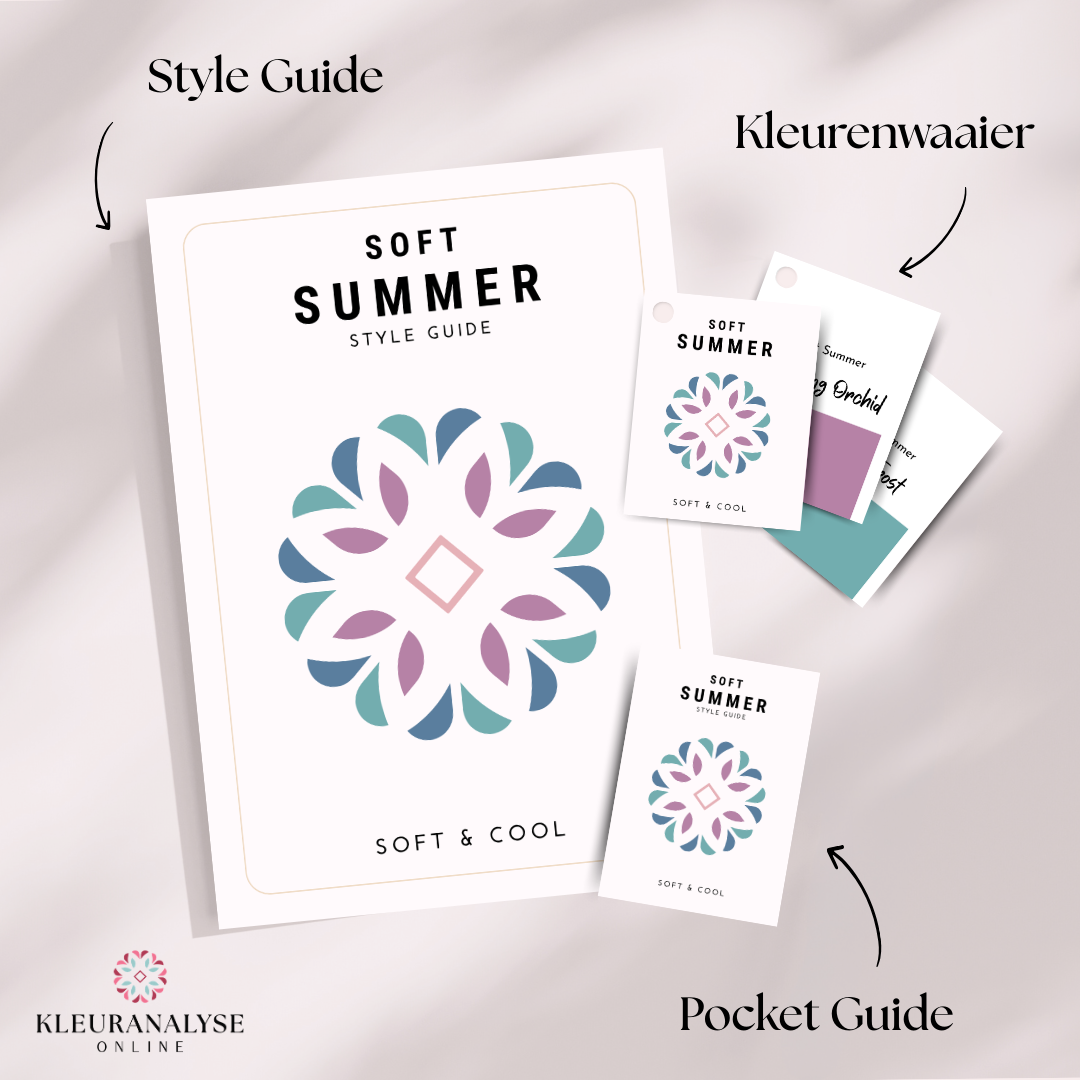 Soft Summer Compleet pakket van style guide, pocket guide en kleurenwaaier voor een zacht gedempt zomertype. kleurenanalyse online