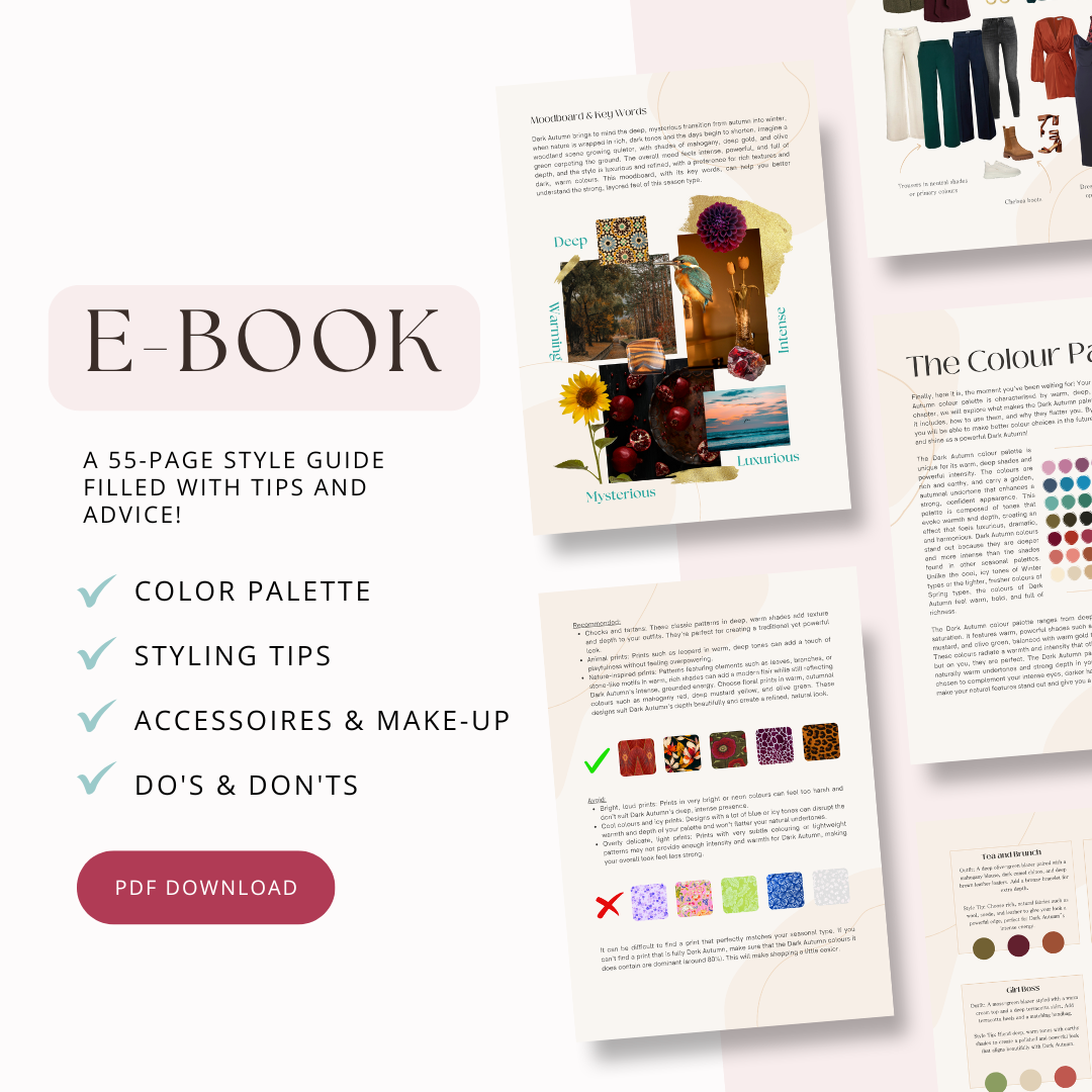 Sample pages from the Dark Autumn style guide. Discover warm, deep colors, style advice, and makeup tips for this dark autumn type.