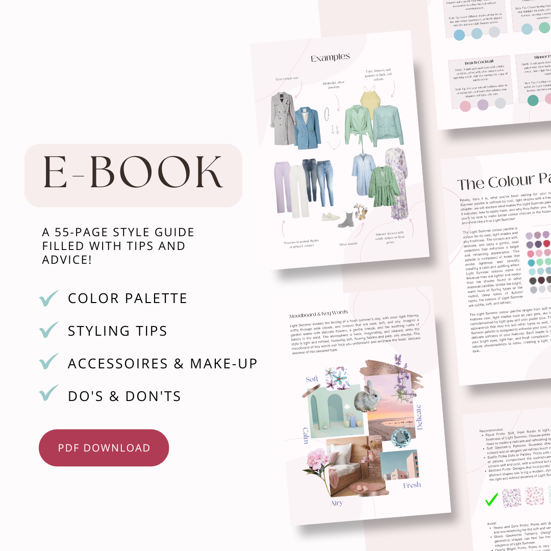 Sample pages from the Light Summer style guide. Discover soft, cool colors and outfit combinations for a fresh look.
