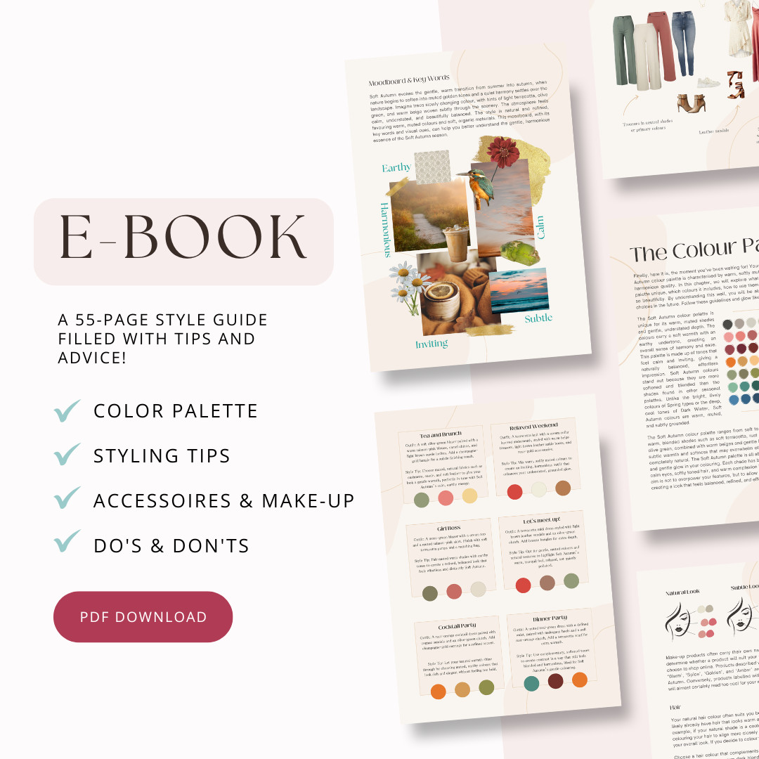 Preview of the Soft Autumn Style Guide. Includes a color palette, styling tips, and accessories for Soft Autumn types.