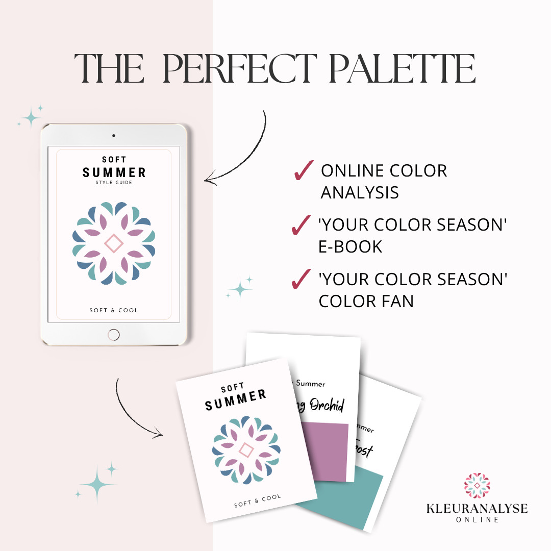 The Perfect Palette color analysis package, featuring an online color analysis, an e-book and a color fan for personalised color advice.