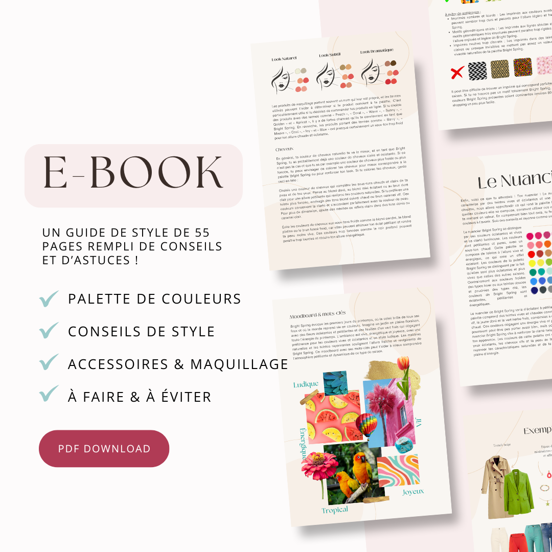 Exemples de pages du guide de style Printemps Lumineux. Palette de couleurs et conseils de style pour le type saisonnier Printemps Lumineux.