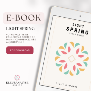 E-book Printemps Clair avec une palette de couleurs détaillée et des conseils de style. Reçois des astuces pour les vêtements et le maquillage qui subliment ton éclat. 