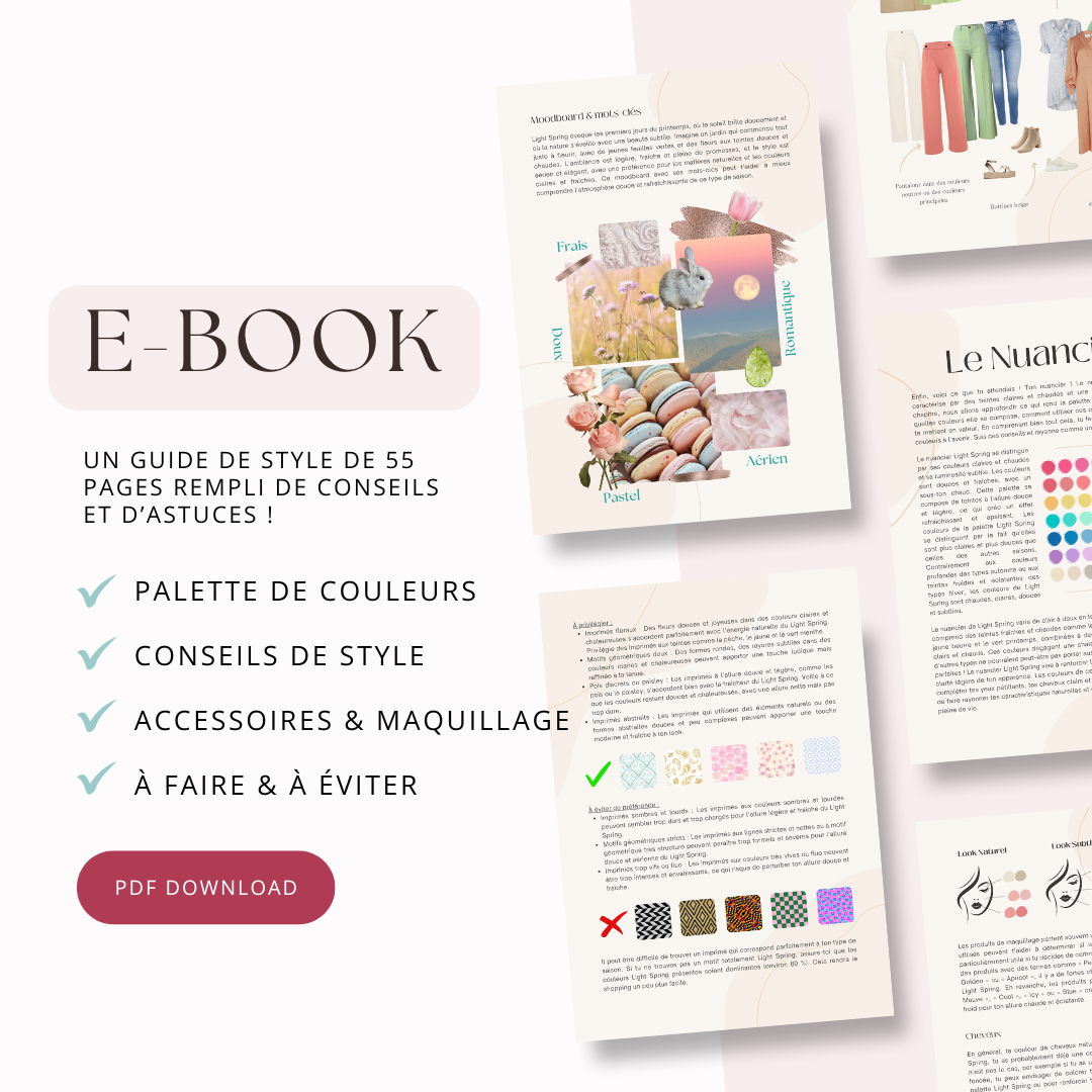 Aperçu du guide de style Printemps Clair. Découvre des couleurs douces et fraîches ainsi que des conseils mode qui correspondent parfaitement au profil Printemps Clair.