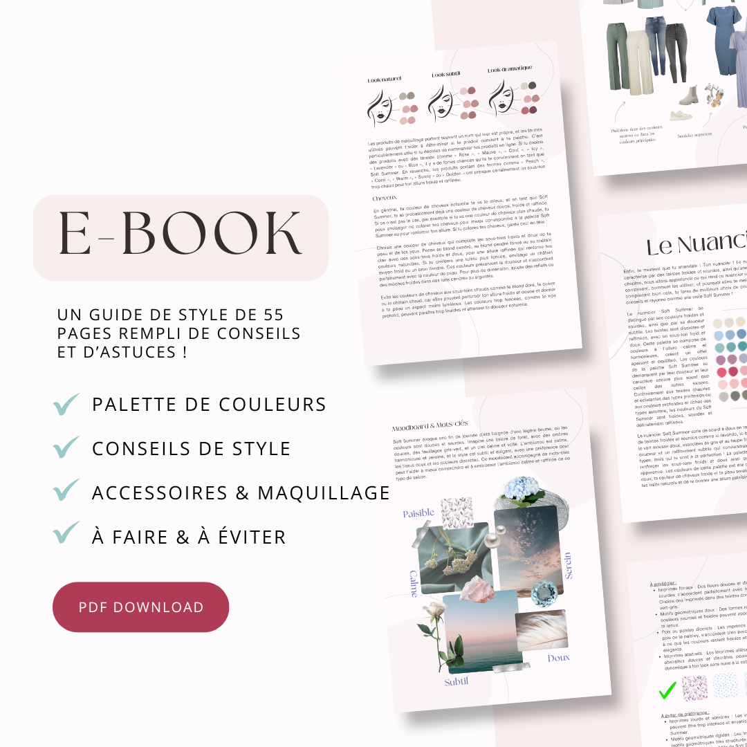 Exemples de pages du guide de style Été Doux. Contient des couleurs subtiles, des conseils de maquillage et des astuces de style pour une apparence douce et froide.