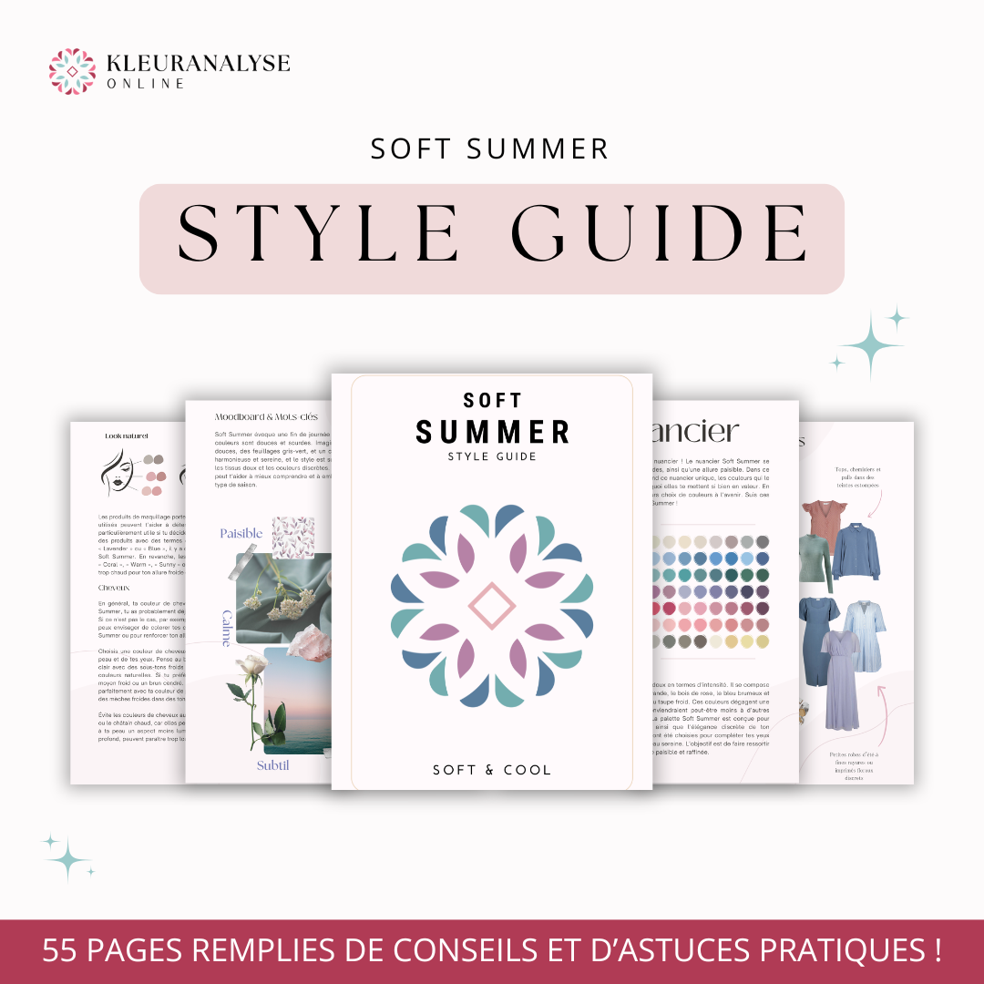 "Style guide Soft Summer, issu d'une analyse des couleurs selon la méthode des 12 saisons, avec une palette de couleurs froides et douces. Inclut des conseils mode, des inspirations maquillage et un guide au format PDF téléchargeable pour un look subtil et raffiné, adapté au type Soft Summer."