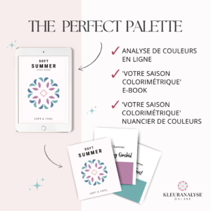 Pack d’analyse de colorimétrie The Perfect Palette comprenant une analyse en ligne, un e-book et un nuancier pour un conseil couleur personnalisé.
