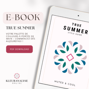 E-book True Summer avec une palette de couleurs pastel et douces. Inclut des conseils de style et des inspirations maquillage pour un look élégant. 
