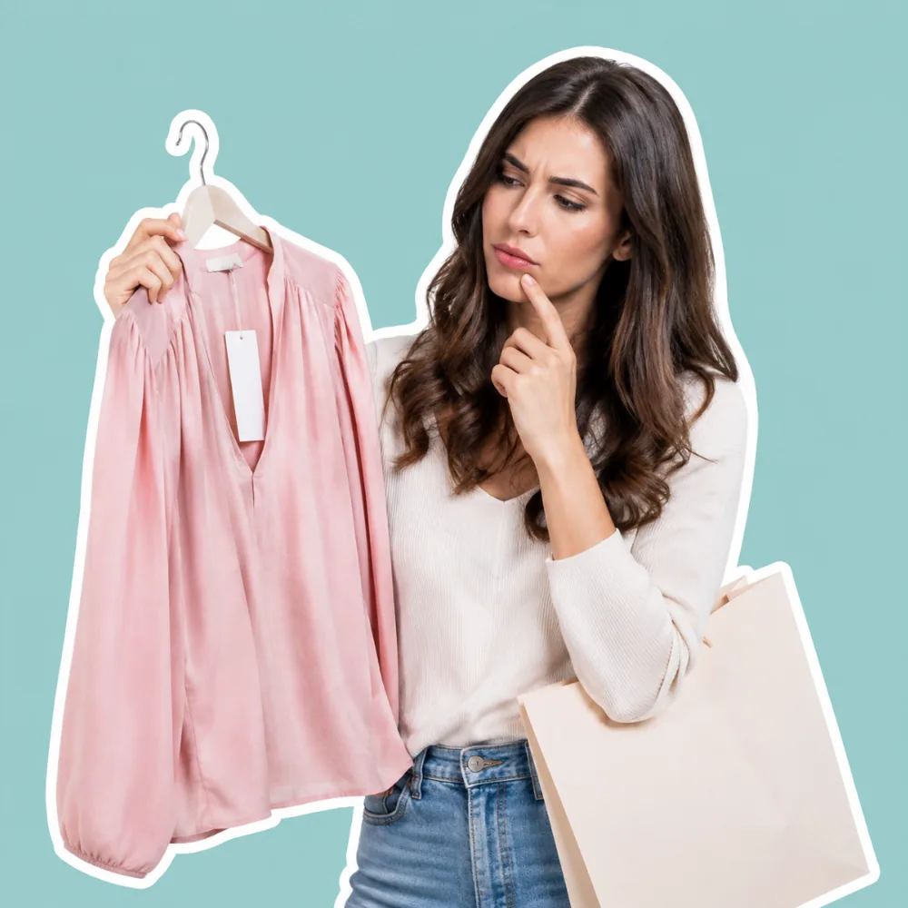 Vrouw twijfelt over een roze blouse met prijskaartje: miskopen voorkomen